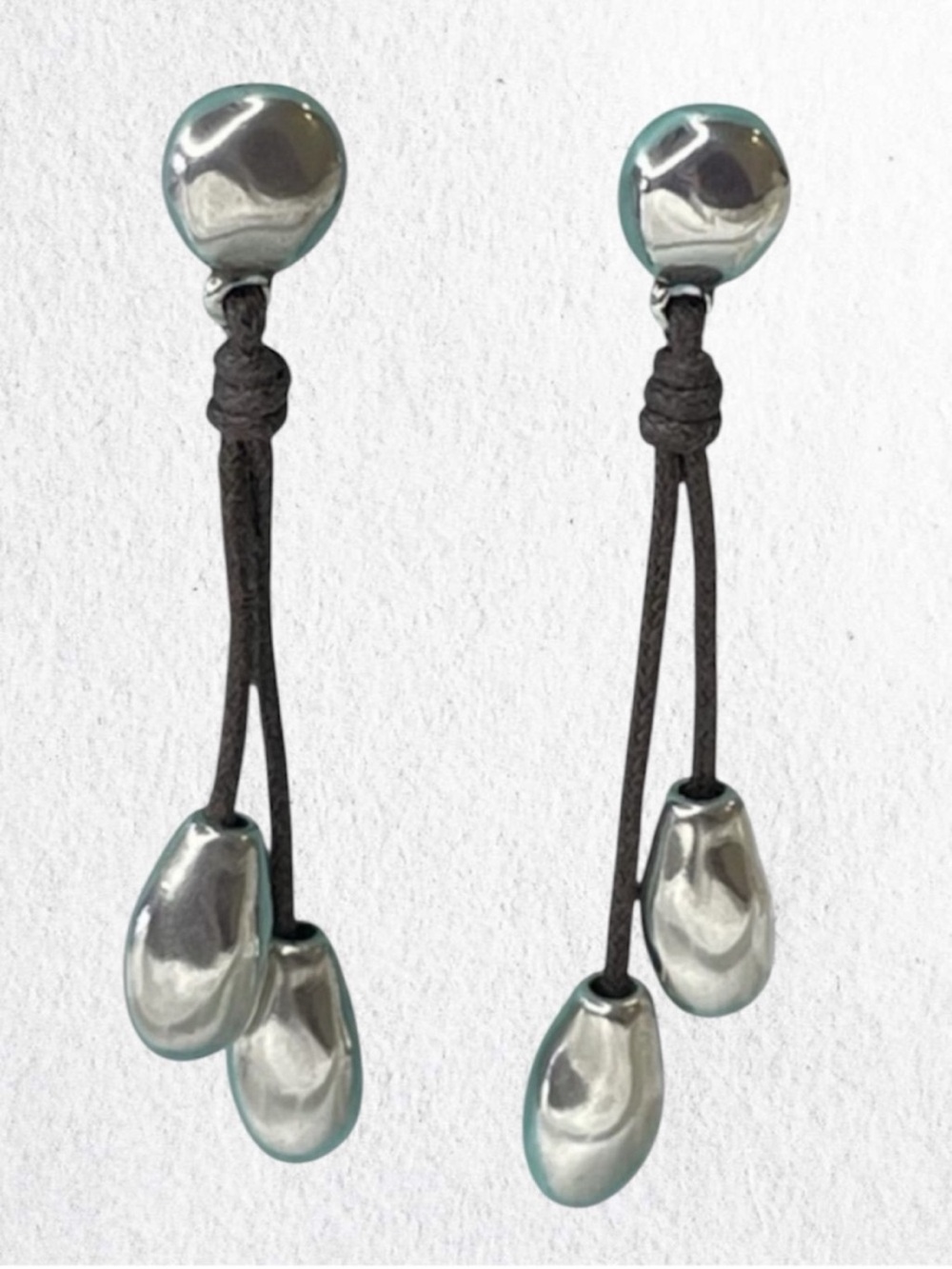 Uno de 50 Silver Drop Dangle Earrings with Brown Cord